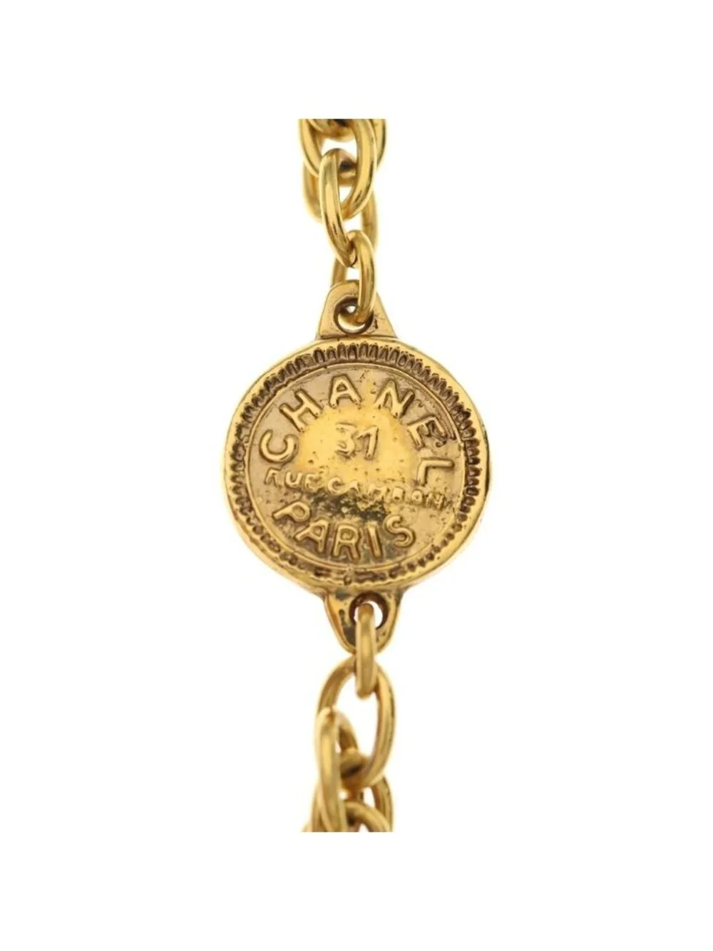 Chanel Cambon Chain Long Necklace Logo Plate Gold Plated